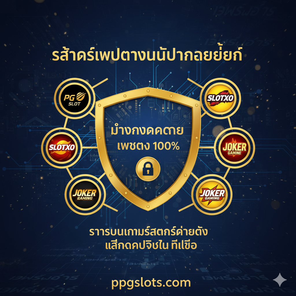 一張突出'優勢特點'的圖片，重點在於'สล็อตเว็บตรงไม่ผ่านเอเย่นต์'和'รวบรวมเกมส์สล็อตค่ายดัง'。圖片應充滿活力和信任感，主色調為深藍和亮金。畫面中心應展示一個盾牌或徽章，象徵'มั่นคงปลอดภัย'，並附有'เว็บตรง 100%'的字樣。周圍環繞著或連接著名老虎機遊戲提供商的標誌（如PG Slot, SlotXO, Joker Gaming），表明'เล่นได้ครบจบในที่เดียว'。整體構圖旨在傳達ppgslots.com的權威性、安全性和遊戲內容的多樣性，強化其作為'เกมส์ slot'頂級平台的地位。