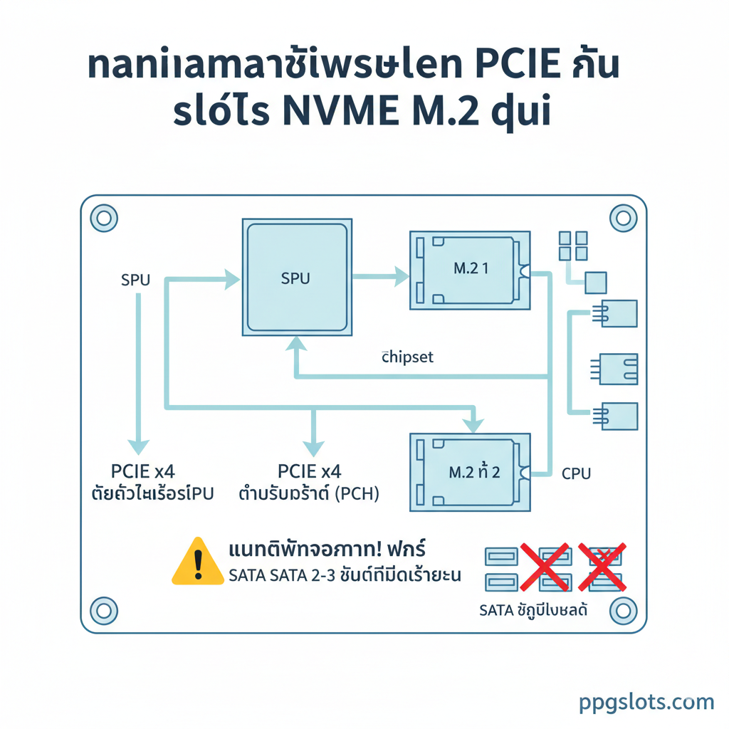 ภาพไดอะแกรมประกอบที่เน้นฟังก์ชันและข้อจำกัดของ M.2 Slot ที่ 2 ใช้โทนสีสว่างและมีเส้นกราฟิกที่ชัดเจน แสดงภาพวาดเมนบอร์ดแบบผ่าซีก (Simplified Motherboard Layout) โฟกัสไปที่ชิปเซ็ต (Chipset) และ M.2 Slot 2 ช่อง มีลูกศรแสดงการเชื่อมต่อของ PCIe Lane: Slot 1 มีลูกศรเชื่อมตรงไปยัง CPU และ Slot 2 มีลูกศรเชื่อมผ่าน Chipset (PCH) พร้อมคำเตือน (Warning Sign ⚠️) และภาพวาดเล็กๆ ของพอร์ต SATA 2-3 พอร์ต ที่มีเครื่องหมาย X กำกับ เพื่อสื่อถึงปัญหา Bandwidth Sharing ที่ทำให้พอร์ต SATA ถูกปิดการใช้งานเมื่อใช้ Slot 2