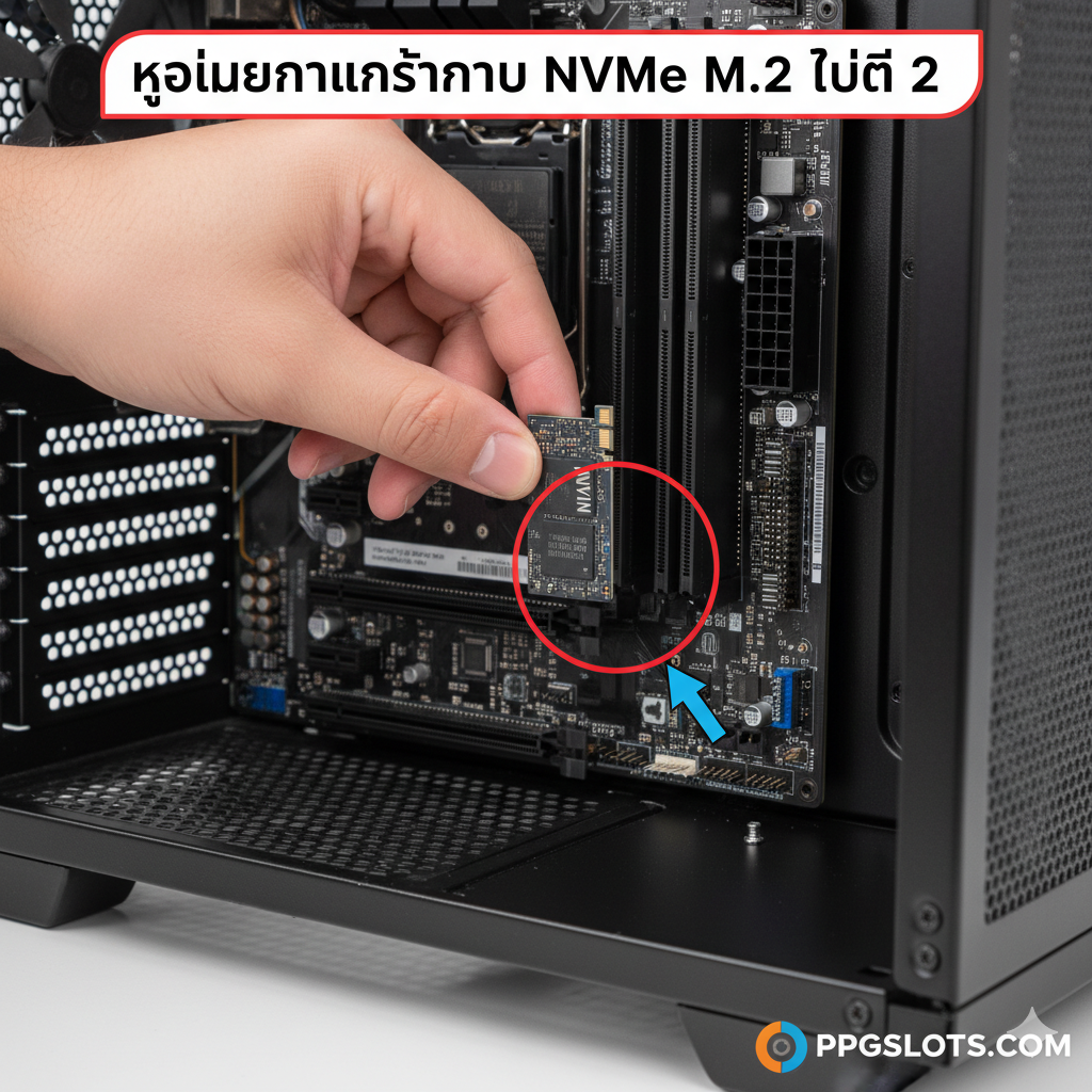 ภาพขั้นตอนการติดตั้งแบบง่ายและชัดเจน (How-to/Tutorial style) ใช้มือจับ SSD NVMe ตัวที่ 2 ค่อยๆ เสียบเข้าไปใน M.2 Slot บนเมนบอร์ด (ที่ติดตั้งอยู่ในเคสคอมพิวเตอร์) ภาพควรมีฉากหลังที่สะอาดและสว่าง โฟกัสไปที่บริเวณสล็อตและการขันน็อตยึด SSD โดยมีการวาดวงกลมหรือลูกศรเน้นย้ำถึงขั้นตอนการเสียบ SSD และการขันสกรูยึด M.2 อย่างถูกต้อง ควรมีองค์ประกอบของไขควงขนาดเล็กและน็อตยึด M.2 อยู่ในภาพเพื่อเพิ่มความสมจริงของการสอน
