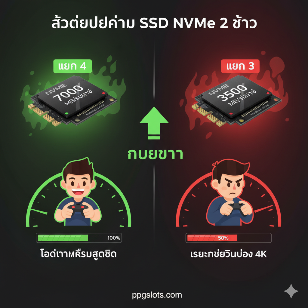 ภาพเปรียบเทียบข้อดีของ NVMe Gen 4 และ Gen 3 ในรูปแบบกราฟิก ใช้สีเขียวและแดงเพื่อเปรียบเทียบความเร็ว แสดงภาพ SSD NVMe 2 อัน (หนึ่งอันติดป้าย Gen 4, อีกอันติดป้าย Gen 3) โดยมีมาตรวัดความเร็ว (Speedometer) ที่ตัวเลขต่างกันอย่างชัดเจน (เช่น 7000 MB/s vs 3500 MB/s) และมีภาพวาดเล็กๆ ของนักเล่นเกมที่กำลังโหลดเกมอย่างรวดเร็ว (Loading Bar เต็มเร็ว) และนักตัดต่อวิดีโอ 4K เพื่อสื่อถึงการใช้งานที่ได้ประโยชน์สูงสุดจากความเร็วที่เพิ่มขึ้น