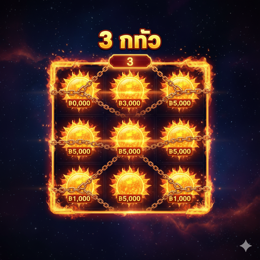 重点突出游戏核心功能“Hold the Jackpot”。画面背景是游戏的3x3网格، 网格内填满了多个带有金额的“Bonus”太阳符号 (至少5个) ، 它们被锁链หรือ火焰效果锁定ในตำแหน่ง上。เน้นย้ำถึง “3 Re-spins” ตัวนับถอยหลังหรือตัวบ่งชี้، พื้นหลังแสงที่เน้นไปที่ตาราง، รอบ ๆ เป็นพื้นหลังมืดและมีดวงดาวระยิบระยับ، สื่อถึงรางวัลใหญ่ที่กำลังจะระเบิดออกมา ใช้โทนสีอบอุ่นเช่นสีทองและสีแดงเพื่อเน้นย้ำถึงความ 'ร้อนแรง' และ 'รางวัล' ภาพตรงกลางต้องเป็นกลไกการล็อค