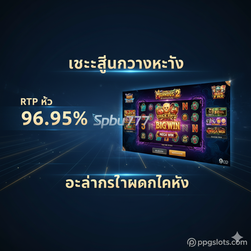 聚焦于"Gacor"（แตกง่าย/高爆奖）概念的功能特性图。画面中心是一个放大的、闪耀的PG Soft游戏界面截图（例如Mahjong Ways 2或Treasures of Aztec），显示巨額的ชัยชนะ（BIG WIN หรือ MEGA WIN）。旁边有一个漂浮的、半透明的"Spbu777"标志或文字，象征特殊通道。右侧或左侧放置一个醒目RTP百分比图表或数字，如96.95%，用泰语标注"RTP สูง"（High RTP）。整体使用高科技感的蓝色และ金色线条，突出“เจาะลึกความหมาย”และ“โอกาสทำกำไรสูง”的特性。