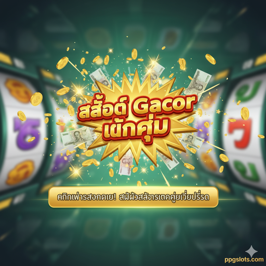 总结图片,重点突出“สล็อต Gacor แตกง่าย”（易爆奖的Gacor老虎机）的主题,作为最后的行动号召。图片应充满高能量和胜利的氛围,主色调为鲜艳的金色和绿色。画面中心是一个爆炸性的“BIG WIN”或“JACKPOT”横幅,周围有大量的金币、泰铢纸币和闪烁的星星飞溅出来。背景可以模糊地展示一些热门老虎机游戏的符号或卷轴。居中位置用泰语写上“คลิกเพื่อสมัครเลย! สัมผัสสล็อตแตกง่ายที่ดีที่สุด”,作为明确的行动呼吁,激发用户立即注册。