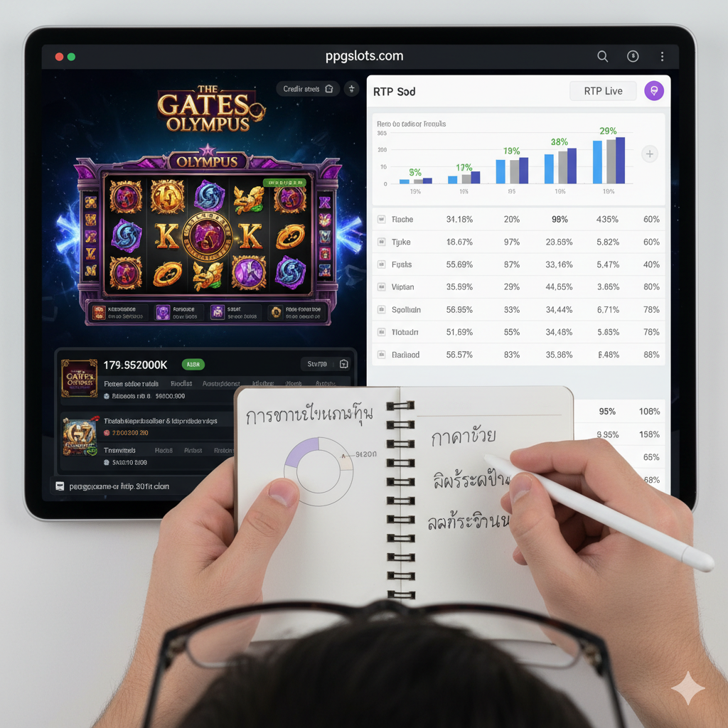 ภาพสไตล์การศึกษาที่แสดงวิธีการเล่นสล็อตที่ถูกต้องโดยใช้ข้อมูลจริง แทนการพึ่งพาสูตรโกง องค์ประกอบหลักคือมุมมองบุคคลที่หนึ่งของผู้เล่นกำลังวิเคราะห์ข้อมูลบนจอคอมพิวเตอร์หรือแท็บเล็ต ด้านหนึ่งแสดงหน้าต่างเกมสล็อตที่กำลังเล่น (เช่น The Gates of Olympus) ส่วนอีกด้านหนึ่งแสดงตาราง 'RTP Live' หรือกราฟวิเคราะห์ข้อมูลของ ppgslots.com ที่ดูสะอาดตาและเข้าใจง่าย มีมือกำลังชี้ไปที่กราฟหรือกำลังจดบันทึกในสมุดเล็กๆ เพื่อเน้นย้ำเรื่องการบริหารจัดการเงินทุน (Money Management) และการวิเคราะห์อย่างมีวินัย
