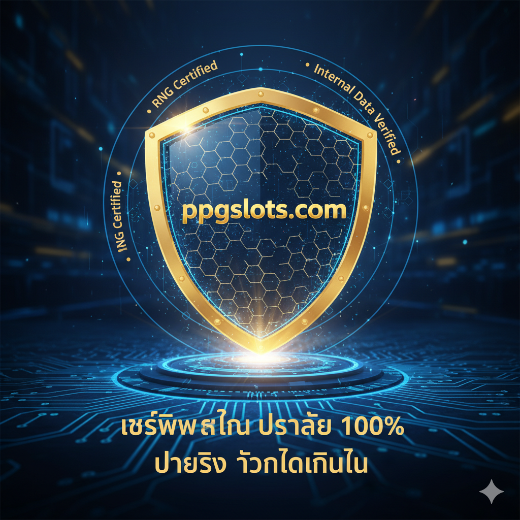 ภาพที่เน้นย้ำถึงความน่าเชื่อถือ ความโปร่งใส และความปลอดภัยของ ppgslots.com ซึ่งเป็นข้อได้เปรียบที่เหนือกว่าการแฮ็ก โทนสีหลักควรเป็นสีน้ำเงินเข้มและสีทอง สื่อถึงความมั่นคงและพรีเมียม องค์ประกอบสำคัญคือโลโก้ ppgslots.com ที่ถูกวางไว้บนเกราะกำบังดิจิทัลที่ส่องแสงสว่างไสว (Digital Shield) มีตัวอักษร 'RNG Certified' และ 'Internal Data Verified' ล้อมรอบ โครงสร้างภาพควรดูเป็นโครงข่ายดิจิทัลที่ปลอดภัยและเชื่อถือได้ ไม่มีรอยร้าวหรือความมืดมิด เพื่อสื่อสารเรื่องการจ่ายจริงและความปลอดภัยของเซิร์ฟเวอร์ไทย