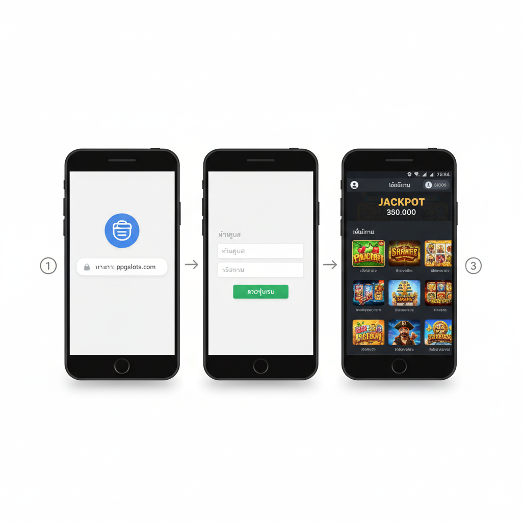 用于'ส่วนที่ 2'的教程指导。展示一个智能手机的俯视图，屏幕上清晰地显示着ppgslots的移动端登录流程。画面可以分层展示3个步骤：1. 浏览器图标+网址(ทางเข้า); 2. User ID/Password的输入界面；3. 游戏ล็อบบี้（有多个老虎机游戏图标）。风格应简洁、步骤清晰，使用箭头和数字1-2-3引导用户，强调Mobile-First和操作简易性。
