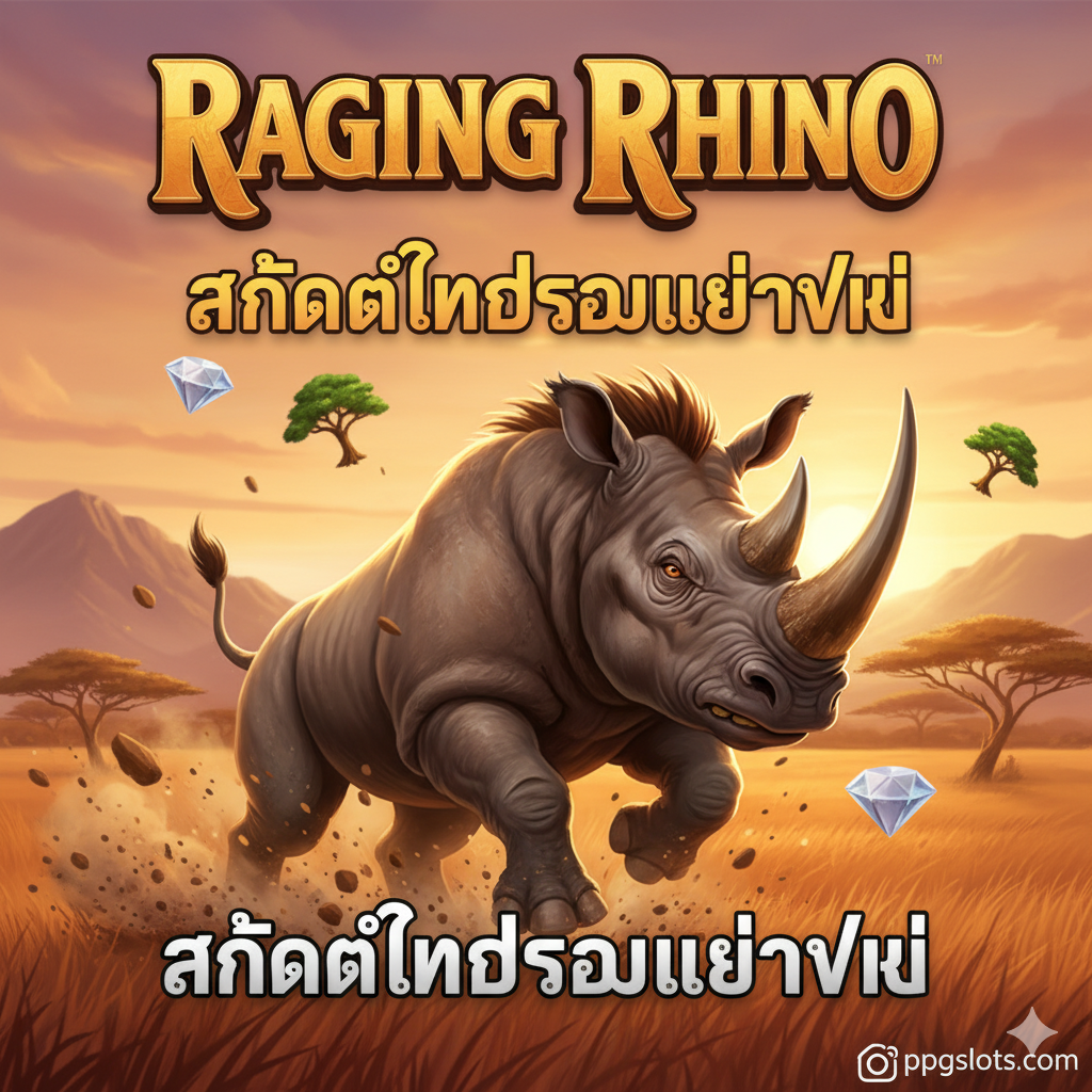 ภาพตัวอย่างของเกมสล็อต Raging Rhino พร้อมปุ่ม "คลิกเพื่อเล่นฟรี" ขนาดใหญ่
