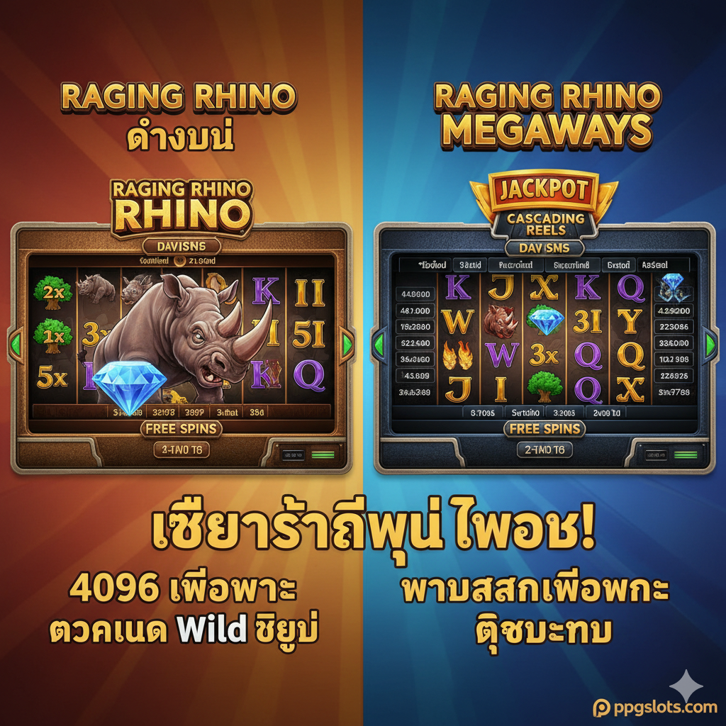 ภาพเปรียบเทียบระหว่าง Raging Rhino ภาคหลักกับเวอร์ชันย่อย เช่น Megaways หรือ Ultra เพื่อเน้นจุดเด่นของภาคคลาสสิก