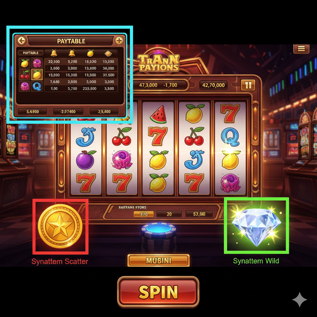 ภาพที่เน้นอธิบายองค์ประกอบสำคัญของสล็อต แสดงถึงหน้าจอเกมสล็อตแบบกราฟิกที่ชัดเจน โดยเน้นกรอบสี่เหลี่ยมรอบ 3 ส่วนหลัก: 1) 'Paytable' (ตารางจ่ายเงิน) ที่เปิดแสดงข้อมูลสัญลักษณ์, 2) 'Wild Symbol' (สัญลักษณ์ Wild) ในรูปแบบตัวโจ๊กเกอร์หรือเพชรระยิบระยับ และ 3) 'Scatter Symbol' (สัญลักษณ์ Scatter) ในรูปแบบเหรียญทองหรือสัญลักษณ์โบนัสอื่นๆ ใช้สีที่ตัดกันเพื่อเน้นความสำคัญขององค์ประกอบเหล่านี้ เช่น สีเขียวสว่างสำหรับ Wild และสีแดงสำหรับ Scatter เพื่อให้ผู้ชมเข้าใจกลไกหลักของเกม