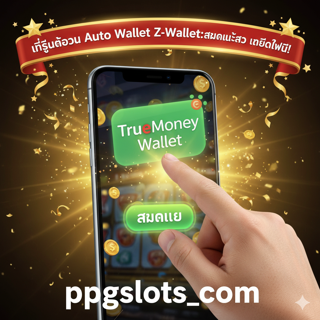 ภาพสรุปที่ออกแบบมาเพื่อกระตุ้นให้ผู้ใช้ดำเนินการทันที โดยมีภาพมือผู้เล่นคลิกปุ่ม “สมัครเลย” บนโทรศัพท์มือถือ พื้นหลังเป็นโลโก้ TrueMoney Wallet ขนาดใหญ่และที่อยู่เว็บไซต์ ppgslots.com ด้านบนมีแบนเนอร์ขนาดใหญ่เป็นภาษาไทยเขียนว่า “ที่สุดของ Auto Wallet Z-Wallet: สมัครและรับ เครดิตฟรี!” ล้อมรอบด้วยดาวสีทองและเอฟเฟกต์พลุ บรรยากาศโดยรวมสื่อถึงความตื่นเต้น ความสำเร็จ และความน่าเชื่อถือ ชักชวนให้ผู้ใช้เข้าร่วมอย่างรวดเร็วผ่าน link slot ที่ให้มา