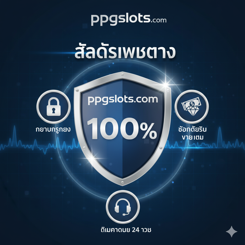 一张突出'สล็อตเว็บตรง' (Direct Web Slot)和'ความมั่นคง' (Stability)优势的图片。画面以稳固的形象为主，使用深蓝色和银色。中央是一个巨大的盾牌或一个保险箱，象征安全。盾牌上有'ppgslots.com'的Logo和一个100%的标志。周围有三个关键点图标：一个锁头（代表ความโปร่งใส - Transparency/Security）、一个堆叠的鈔票或钻石（代表ถอนได้จริง จ่ายเต็ม - Guaranteed Payout）和一个耳机（代表ทีมงานดูแล 24 ชั่วโมง - 24/7 Support）。整体构图稳重可靠，旨在消除用户对'ถอนไม่ได้'的顾虑。