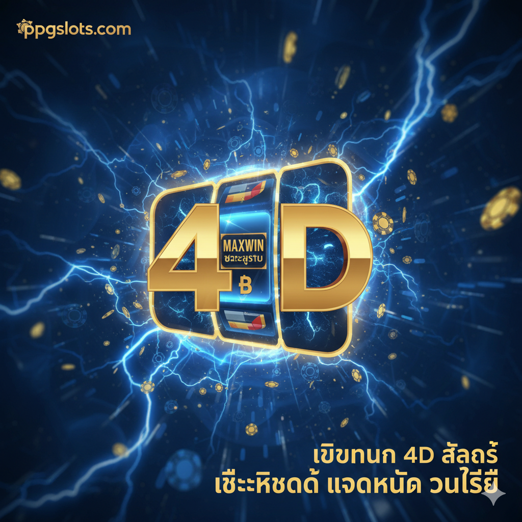 一张引人 주목 的封面图,主色调为深蓝และ金色,象征着信任และ财富。图片中心是一个巨大的老虎机(Slot Machine)符号และ醒目 的'4D'数字,两者融合在一起。老虎机屏幕上显示'MAXWIN'และ泰铢符号。背景是闪烁 的霓虹灯效果,模拟赌场氛围。左上角有ppgslots.com 的微小标志,右下角用粗体泰文/印尼文写着'Situs Judi 4D Slot Terpercaya Gacor Hari Ini'。整体构图大气,色彩对比强烈,旨在第一时间抓住玩家 的眼球。