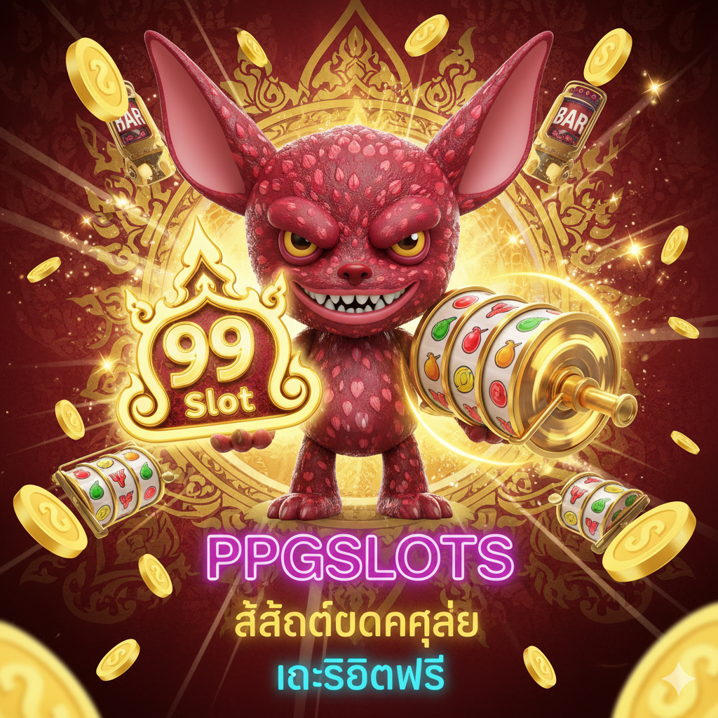 设计一张引人注目の封面图，风格为泰式和卡通潮流艺术（POP MART Labubu风格）的结合。图片中央是一个拟人化的、带着坏笑的Labubu小怪物形象，手持一个金色的“99 Slot”标志或一个巨大的老虎机滚轮。背景使用鲜艳的泰式色彩，如金色和红色，并融合闪烁的硬币和老虎机元素。品牌名“PPGSLOTS”以醒目的霓虹灯效果展示在图片下方，强调“สล็อตแตกง่าย” (Easy-to-Break Slot) 和“เครดิตฟรี” (Free Credit) 的泰语关键词。整体构图充满活力和诱惑力。