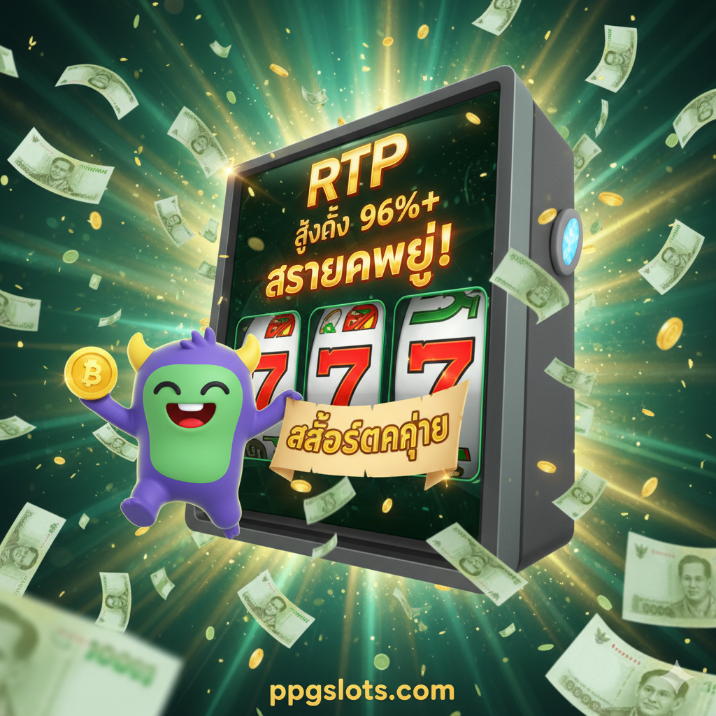 突出“优势”——高RTP和สล็อตแตกง่าย。图片中心是一个巨大的老虎机界面，上面显示着“96%+ RTP”和“BIG WIN”的字样。在老虎机旁边，一个Labubu小怪物正兴奋地跳跃，手里拿着一个大大的金钱符号或一张写着“แตกง่าย”的纸条。背景应有许多飞舞的泰铢钞票和闪爍的聚光灯，营造出中大奖的喜悦感和高回报率的保证。色彩主打绿色（财富）和金色，强调盈利机会。