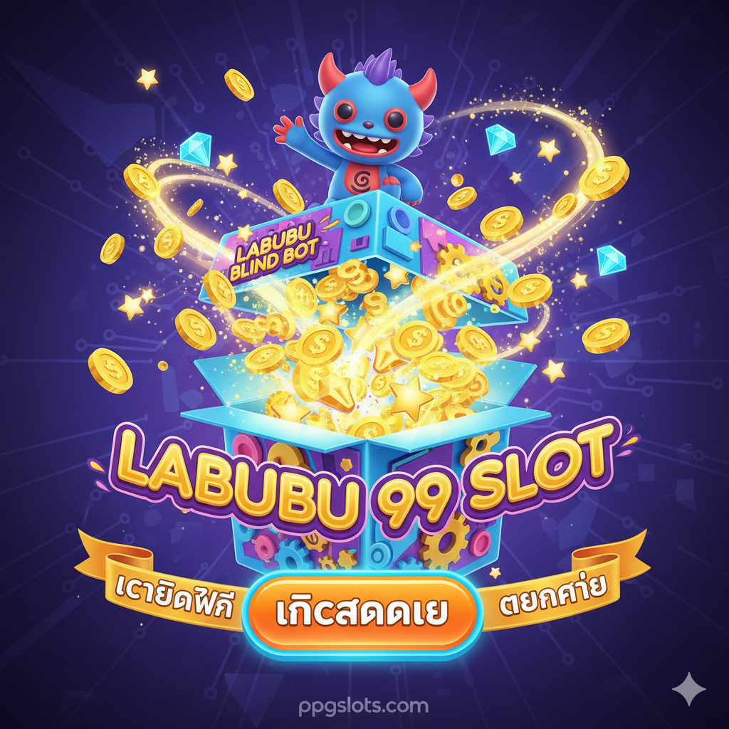 作为“总结”图，强调行动号召和最终的价值。图片应展示一个巨大的“Bonus Box”或“Labubu Blind Box”被打开，里面涌ออก大量的金色硬币、奖金符号和一个欢迎标志。Labubu小怪物站在箱子上方，指向一个醒目的“คลิกสมัครเลย” (Click to Register Now) 按钮。整体风格应是胜利和丰收，结合潮流艺术感和博彩主题，提醒用户注册即可享受“เครดิตฟรี”和“แตกง่าย”的终极体验。