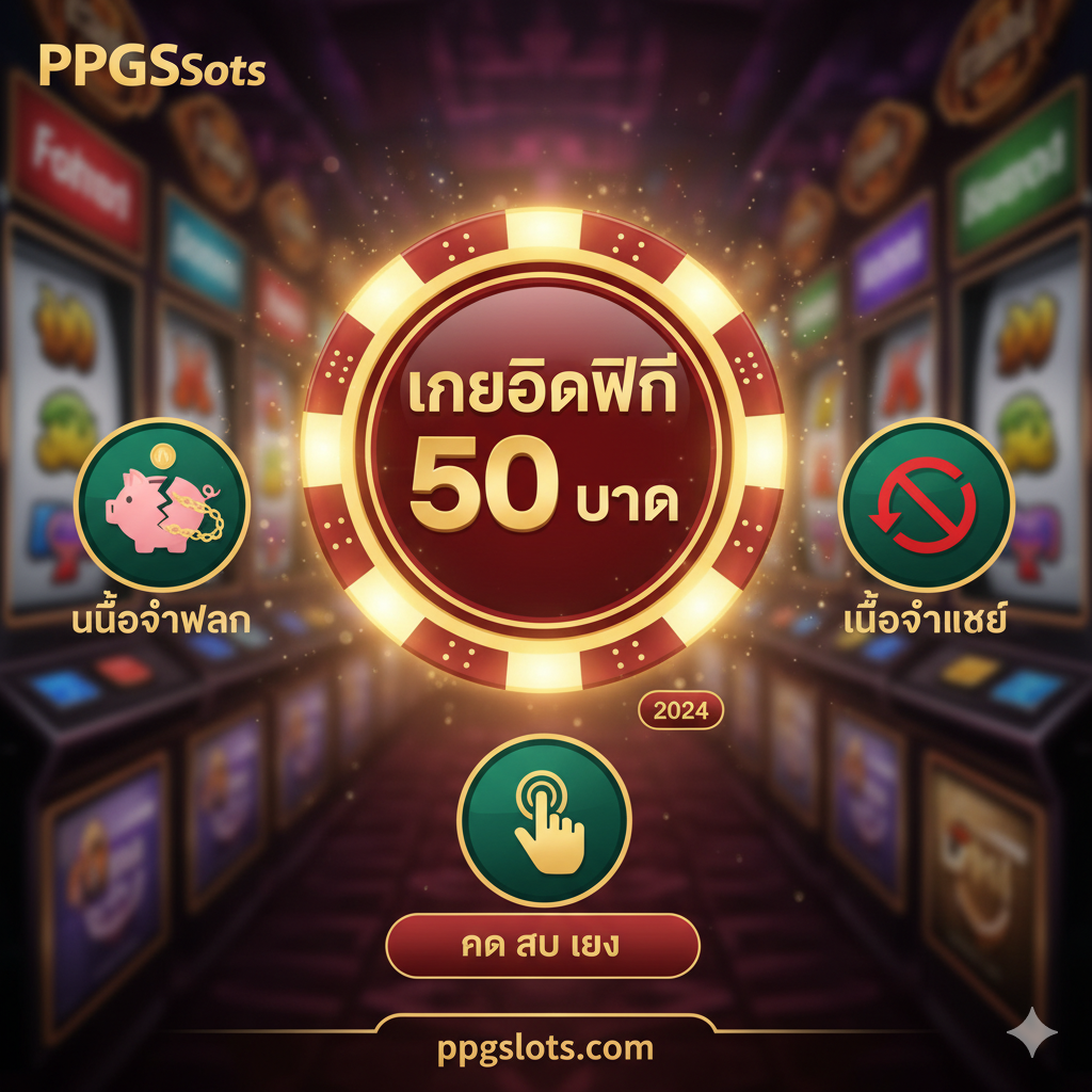 突出PPGSLOTS最新免费信用特点的功能图。图片核心是一个巨大的、发光的“เครดิตฟรี 50 บาท”筹码或奖章。周围环绕着三个关键图标/标签：1. “ไม่ต้องฝาก” (No Deposit) - 一个被锁链打破的存钱罐图标；2. “ไม่ต้องแชร์” (No Share) - 一个被禁止的分享箭头图标；3. “กด รับ เอง” (Self Claim) - 一个手指点击按钮的图标。色彩使用PPGSLOTS品牌色（如果已知，否则使用鲜艳的红/金/绿），背景是模糊的老虎机界面，强调接收流程的简单和快速。