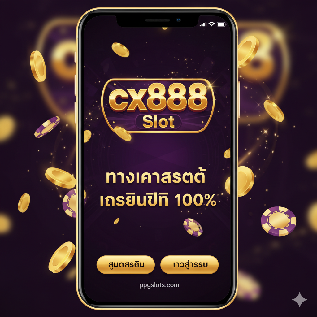 ภาพหน้าจอมือถือสไตล์ Mobile-First ที่แสดงผลหน้าทางเข้าและปุ่ม 'สมัครสมาชิก' หรือ 'เข้าสู่ระบบ' ของ cx888 Slot โทนสีหลักควรเป็นสีทองและสีม่วงเข้ม/ดำ (สีหรูหราแบบคาสิโนออนไลน์) มีโลโก้ 'cx888 Slot' เด่นชัด พร้อมข้อความขนาดใหญ่เน้นคำว่า 'ทางเข้าล่าสุด' และ 'เครดิตฟรี 100%' มีประกายแสง (Glow effect) และเหรียญทอง/ชิปคาสิโนลอยอยู่ด้านข้าง เพื่อสื่อถึงการทำเงินและความน่าตื่นเต้น ภาพรวมต้องดูน่าเชื่อถือและดึงดูดใจผู้เล่นชาวไทย