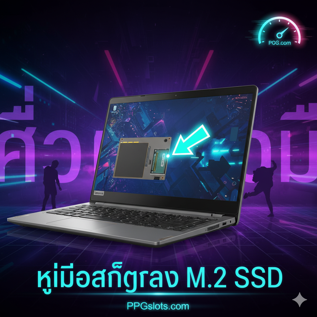一张醒目的封面图，以泰式风格的亮丽色彩为主，结合科技元素。画面主体是一台打开后盖的Lenovo IdeaPad 330S笔记本电脑，突出显示M.2 SSD插槽（M.2 Slot）的位置，用一个明亮的蓝色或绿色箭头指示。背景采用PPGslots.com网站可能使用的霓虹灯光/赛博朋克风格，边缘有泰文字符的科技感光影。右上角可以有一个速度计/加速的图标，象征升级后的速度。整体视觉效果要高对比度、清晰聚焦，并带有“Upgrade Guide”或“M.2 SSD”的简短泰文标题。