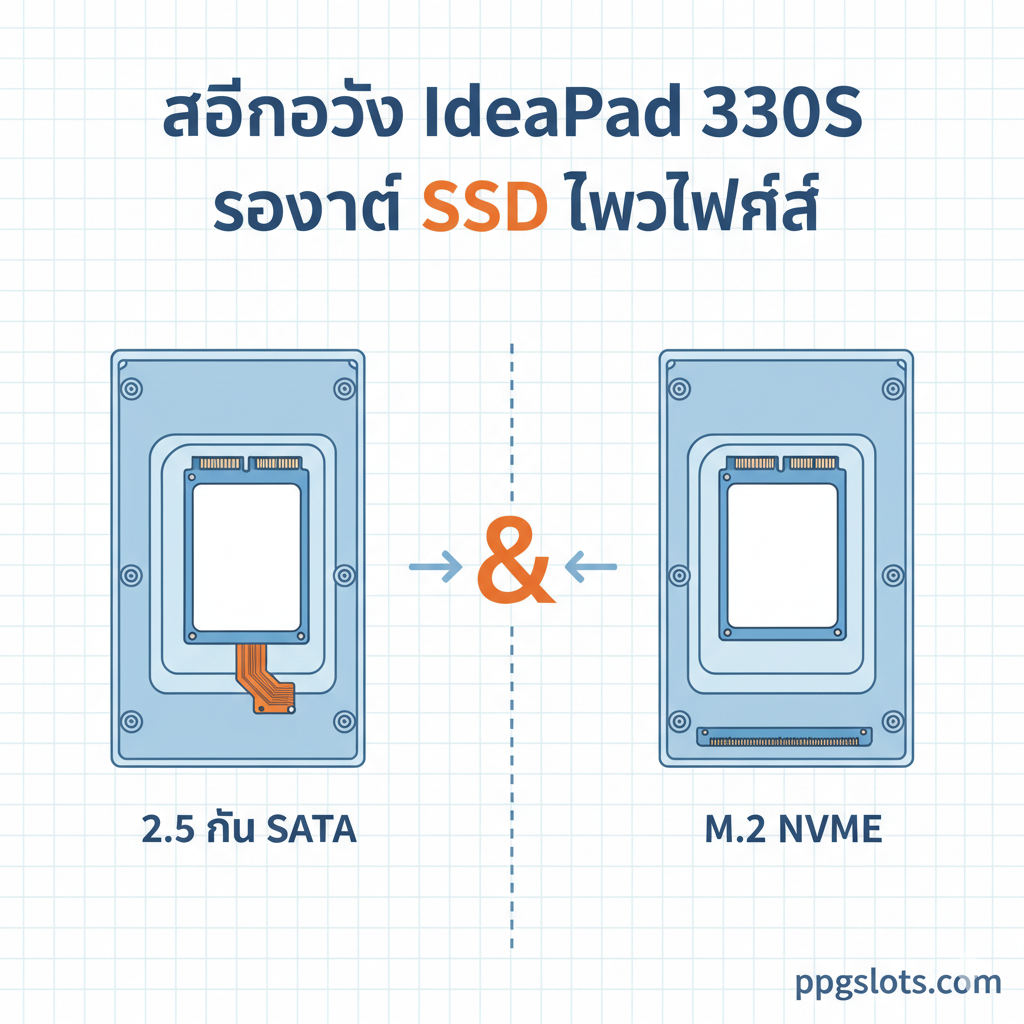 一张清晰展示双硬盘位（Dual Drive Setup）功能的对比图。图片左侧展示一个2.5英寸SATA硬盘位，里面放着一个标准SSD；图片右侧展示一个M.2插槽，里面插着一个纤细的M.2 NVMe SSD。中间用一个'VS'或'AND'的符号连接，并配上泰文标签'M.2 NVMe'และ'2.5 inch SATA'。整体构图要像一个技术蓝图，有清晰的线条和标识，使用蓝色、白色และ橙色作为强调色，以便用户一眼看出IdeaPad 330S同时支持两种SSD类型的特性。