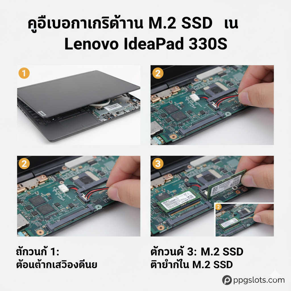 一张分步骤（step-by-step）的教程图，展示安装M.2 SSD的三个关键步骤。1. 打开后盖：一张IdeaPad 330S后盖半开的俯视图。2. 断开电池：一个特写镜头，用手或工具指着主板上的电池排线接口。3. 安装M.2 SSD：一个M.2 SSD以30度角插入插槽的动作特写，并用螺丝固定。使用柔和的工作室照明，强调操作的精确性，并用数字1、2、3清晰标注步骤顺序，确保用户能看懂安全拆机和安装的过程。