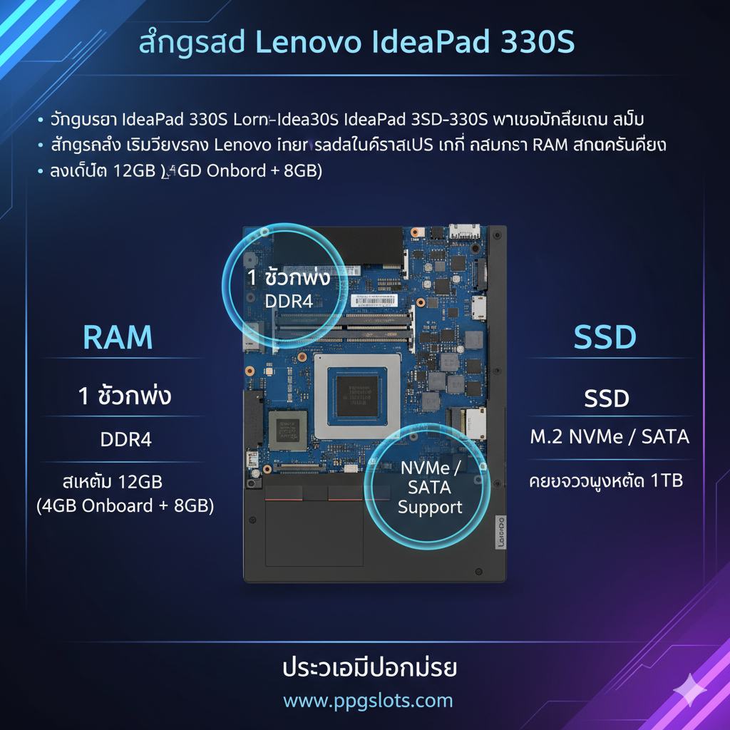 一张包含SSD和RAM升级要点的总结图。图片中心是IdeaPad 330S主板的俯视图，用两个突出的圆形标签圈出：1. RAM插槽：强调'1 ช่องว่าง (Empty Slot)'และ'DDR4'的字样。2. M.2 SSD插槽：强调'NVMe / SATA Support'。整体色彩采用高端、清晰的科技蓝และ电光紫，并用简洁的泰文/英文关键词概括升级的内存规格和硬盘类型，作为购买前的最终检查清单。