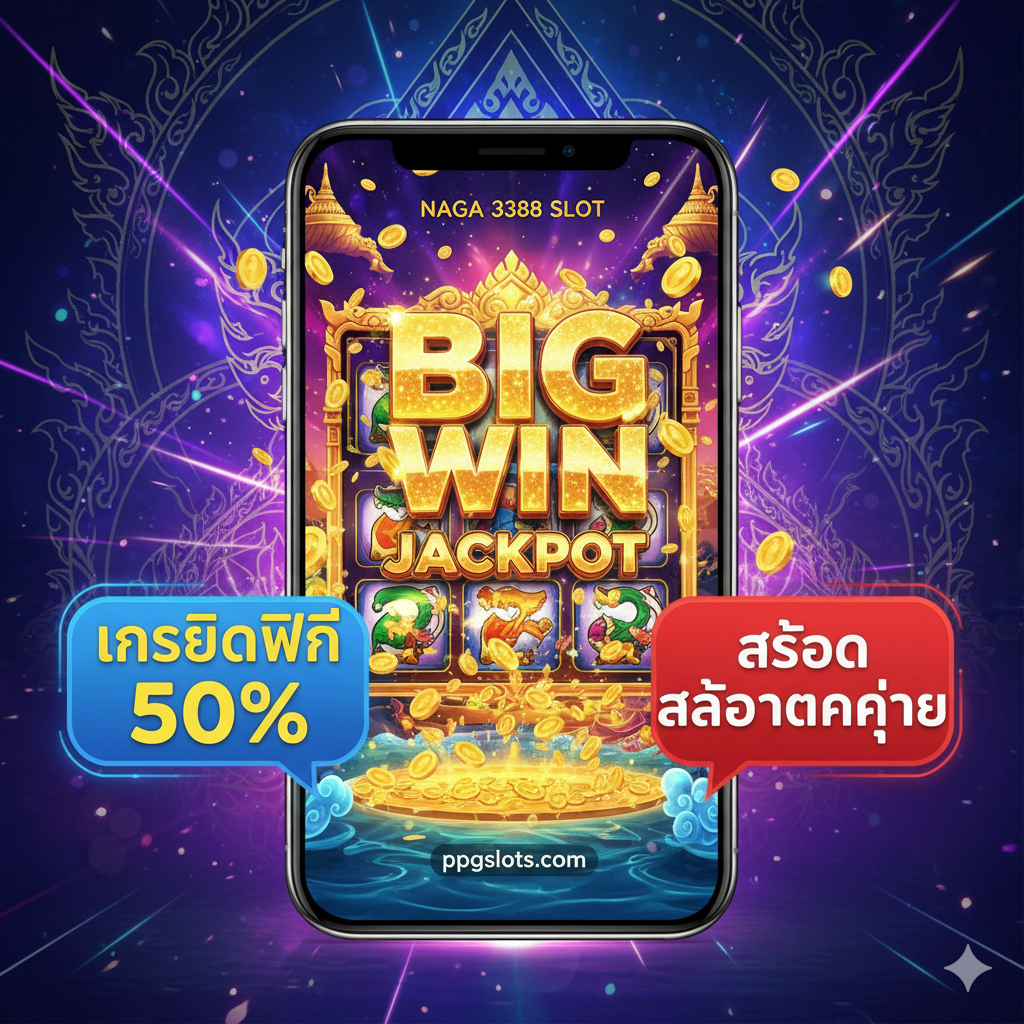 聚焦“เครดิตฟรี”และ“แตกง่าย”的功能特性图。画面中心是一个虚拟的手机或平板界面,上面显示着一个色彩丰富的Naga主题老虎机游戏画面,有明显的“BIG WIN”或“JACKPOT”提示,并有金币飞出的动画效果。在游戏画面周围,用泰语突出两个关键信息:“เครดิตฟรี 50%”และ“สล็อตแตกง่าย”,整体色彩明亮,使用对比色突出促销信息,传达高回报และ易赢的特性。