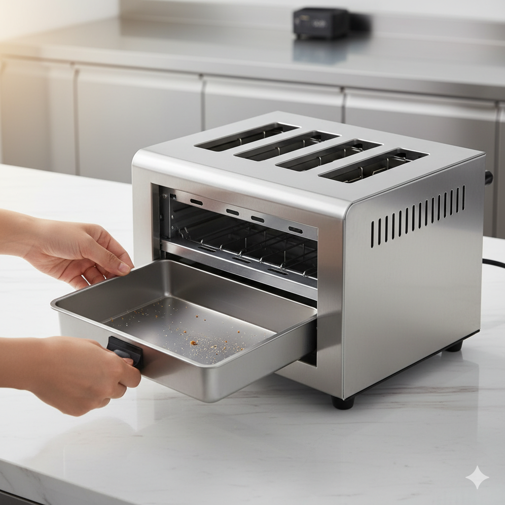 一张突出产品“功能”的照片，重点展示'6 slice wide slot toaster'ของ“แผงควบคุม”และ“ความกว้างของช่อง”。 ภาพควรเป็นภาพระยะใกล้ของเครื่องปิ้งขนมปัง 6 ช่องทำจากสแตนเลส โดยเน้นที่ตัวตั้งเวลาเชิงกล (Mechanical Timer) และปุ่มหมุนหรือปุ่มของ“ตัวเลือกควบคุมการแยกส่วน (Selector Control)”。 ในช่องด้านหนึ่ง สามารถใส่ขนมอบที่หนาหรือกว้างกว่าขนมปังทั่วไป (เช่น เบเกิลหรือขนมปังหนาพิเศษ) เพื่อแสดงลักษณะ 'Wide Slot' ด้วยภาพ สไตล์ทันสมัย เรียบง่าย เน้นความยืดหยุ่นและข้อดีในการประหยัดพลังงานของ “2/4/6 Slot Selector” ผ่านการทำเครื่องหมายหรือไฮไลต์