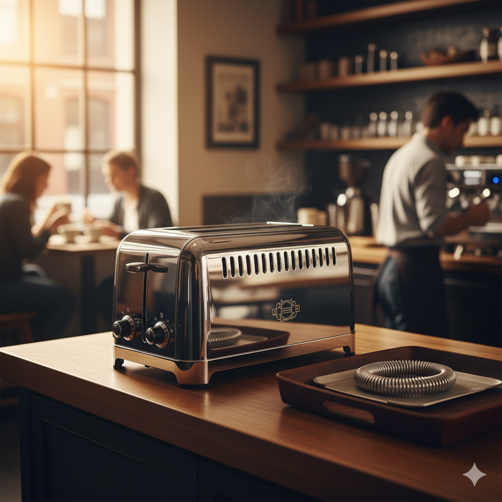一张突出ผลิตภัณฑ์“优势/คุณภาพ”的照片 เน้นที่ “ความทนทาน” และคุณสมบัติ “Commercial Grade” หากเป็นไปได้ ให้ใช้สไตล์ของ 'Dualit 6 Slot' เป็นข้อมูลอ้างอิง: เครื่องปิ้งขนมปัง 6 ช่องที่มีดีไซน์คลาสสิก แข็งแรง อาจมีสไตล์อุตสาหกรรมย้อนยุคหรือคลาสสิก ตั้งอยู่ในสภาพแวดล้อมทางธุรกิจที่มีระดับ อบอุ่น และคึกคัก (เช่น มุมหนึ่งของร้านกาแฟบูติก) ภาพสามารถสื่อถึงข้อดีของ 'Fully Repairable' (ซ่อมแซมได้ทั้งหมด) และ 'ProHeat Element' เช่น มีชิ้นส่วนอะไหล่ (เช่น องค์ประกอบความร้อน) วางอยู่ข้างเครื่องปิ้งขนมปังโดยไม่ได้ตั้งใจ สีหนักแน่นและอบอุ่น เน้นคุณค่าของการลงทุนระยะยาว