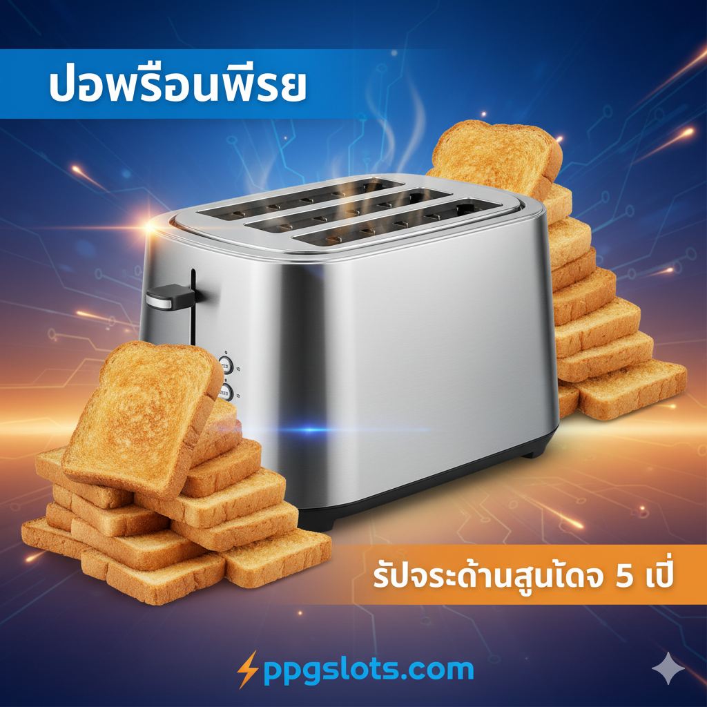 一张สรุปและดึงดูดความสนใจ ภาพ “Call to Action (CTA)” ตรงกลางภาพคือเครื่องปิ้งขนมปัง 6 ช่องสีเงินที่ทันสมัยและมีประสิทธิภาพ โดยมีขนมปังปิ้งสีทองที่สมบูรณ์แบบกองอยู่ข้างๆ สร้างความรู้สึกถึงการผลิตจำนวนมากและประสิทธิภาพสูง พื้นหลังของภาพอาจมีการผสมผสานสีของแบรนด์ ppgslots.com (หากมี อาจเป็นโทนสีน้ำเงินหรือส้ม) และใช้ข้อความซ้อนทับหรือองค์ประกอบการออกแบบเพื่อเน้นย้ำคำหลักภาษาไทย “โปรโมชั่นพิเศษ” (Special Promotion) และ “รับประกันสูงสุด 5 ปี” (Up to 5 Years Warranty) สไตล์ควรมีความเคลื่อนไหวสูง ชัดเจน และมีพลังในการโฆษณาเพื่อนำผู้ใช้ไปสู่การซื้อ