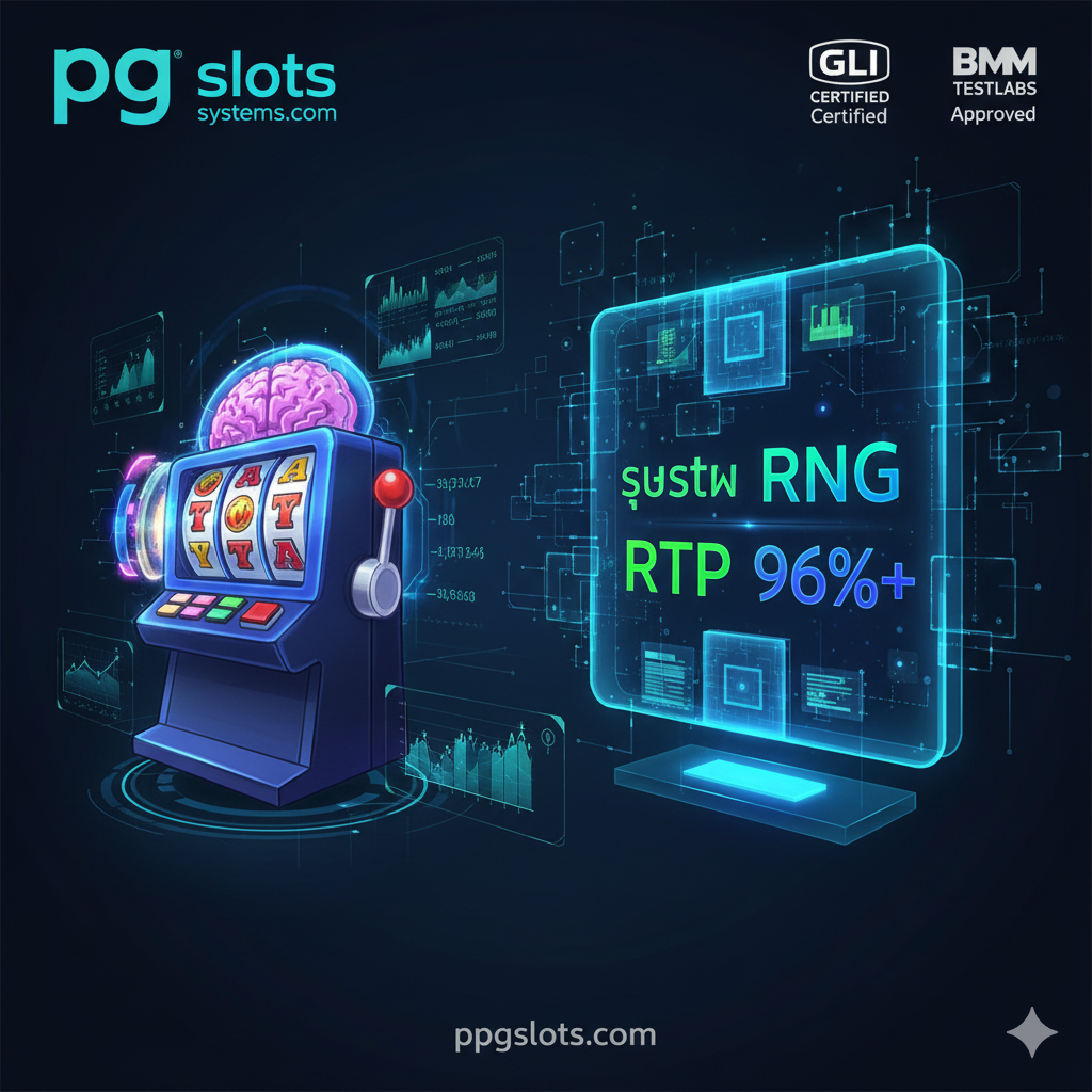 ภาพที่เน้นฟีเจอร์ทางเทคนิคของเกมสล็อตแท้ (RNG & RTP). ภาพควรแสดงถึง 'สมอง' หรือ 'กลไก' ของเครื่องสล็อต. ด้านซ้ายแสดงภาพเครื่องสล็อตแบบการ์ตูนกำลังหมุน และด้านขวาแสดงแผนผังการทำงานของคอมพิวเตอร์แบบโปร่งใส (Wireframe/Holographic style) พร้อมคำว่า 'RNG' และ 'RTP 96%+' ที่เน้นด้วยแสงสีเขียว/น้ำเงินสว่าง. ควรมีไอคอนหรือสัญลักษณ์ของการตรวจสอบจากหน่วยงานอิสระ (GLI/BMM) อยู่มุมใดมุมหนึ่งเพื่อเสริมความน่าเชื่อถือ. เน้นการใช้ตัวเลขและกราฟิกแบบดิจิทัลเพื่อสื่อถึงความเป็นวิทยาศาสตร์และคณิตศาสตร์.