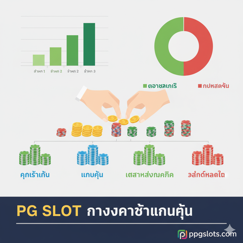 ภาพประกอบสูตรเอาชนะ (ไม่ใช่สูตรโกง) โดยเน้นที่ Bankroll Management. ภาพควรมีองค์ประกอบของการควบคุมและการวางแผน เช่น มือที่กำลังจัดเรียงเหรียญหรือชิปการพนันเป็นกอง ๆ อย่างเป็นระเบียบตามสัดส่วนที่เท่ากัน (สื่อถึงการแบ่งเงินทุน). มีกราฟแท่งหรือแผนภูมิวงกลมที่แสดงถึง 'เป้าหมายกำไร' (สีเขียว) และ 'งบขาดทุน' (สีแดง) ที่แบ่งสัดส่วนไว้อย่างชัดเจน. สไตล์ภาพควรเป็นแบบ Infographic ที่สะอาดตา เข้าใจง่าย เน้นสีที่สดใสแต่ไม่ฉูดฉาด เพื่อให้ดูเป็นเทคนิคการเงินที่จริงจัง.