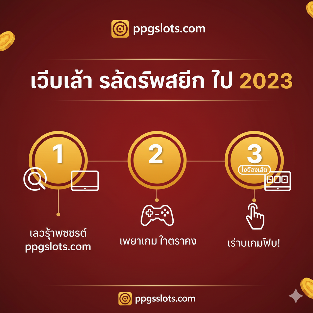 รูปภาพบทช่วยสอนและขั้นตอนการแนะนำ ใช้องค์ประกอบผังงานเพื่อแสดงขั้นตอนในการเริ่มเล่นเกมฟรี ขั้นตอนการเล่น 'Slot Da Bar Gratis' (เช่น 1.เข้าสู่ ppgslots.com 2.เลือกเกม 3.คลิก 'ทดลองเล่น') เชื่อมโยงด้วยหมายเลขและไอคอนง่าย ๆ (เช่น แว่นขยาย, ไอคอนเกม, ไอคอนคลิกด้วยมือ) โทนสีควรสอดคล้องกับสีหลักของ ppgslots.com (เช่น สีแดง/ทอง) เพื่อให้แน่ใจว่าขั้นตอนชัดเจนและอ่านง่าย