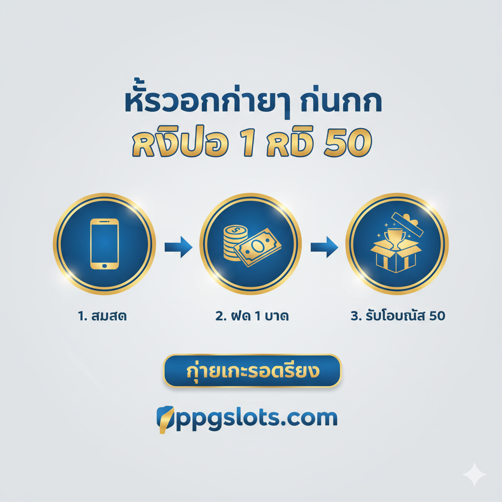 教程图片,以流程图或分步指示的方式展示“ขั้นตอนง่ายๆ ในการ รับโปร 1 รับ 50”。图片采用干净、现代的泰式设计风格,分为三个清晰的步骤:1. สมัคร (使用手机图标) 2. ฝาก 1 บาท (使用钞票/硬币图标) 3. รับโบนัส 50 (使用礼盒/奖杯图标)。使用箭头连接步骤,并用 ppgslots.com 的主题颜色(如蓝色/金色)突出关键操作,强调“ง่ายและรวดเร็ว” (简单快捷) 的体验。
