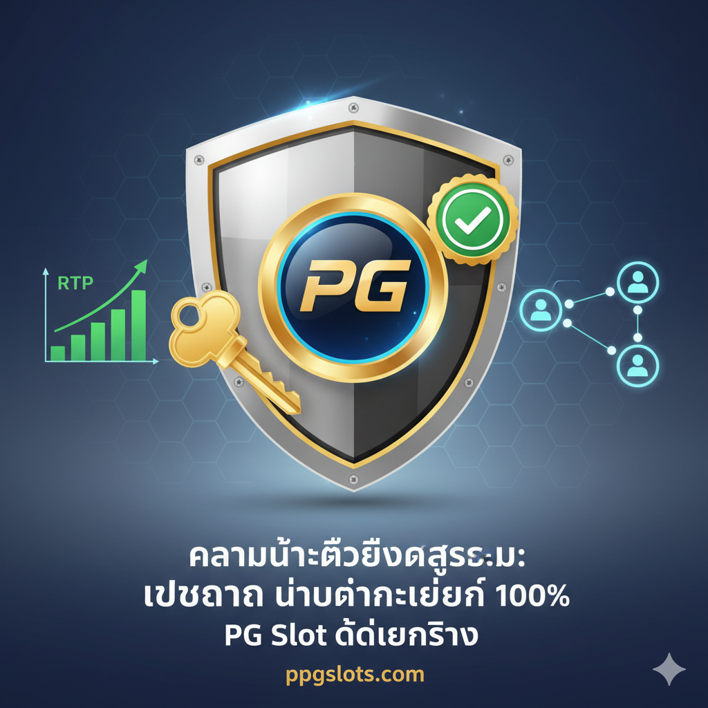 ภาพสื่อถึง 'ความน่าเชื่อถือสูงสุด: เว็บตรง ไม่ผ่านเอเย่นต์ 100%' และ 'PG Slot ได้เงินจริง'. ใช้สัญลักษณ์ที่สื่อถึงความมั่นคงและความปลอดภัย เช่น โล่ป้องกันขนาดใหญ่ (Shield) ที่มีโลโก้ PG Soft อยู่ตรงกลาง, กุญแจล็อค (Lock) หรือเครื่องหมายรับรอง (Certificate) สีเขียว. พื้นหลังเป็นสีน้ำเงินเข้มหรือสีเทาเงินที่สื่อถึงความโปร่งใส. อาจมีภาพกราฟที่แสดงอัตราการจ่ายเงินคืนผู้เล่น (RTP) ที่สูงและเสถียร. เน้นการจัดวางที่แสดงถึงการเชื่อมต่อโดยตรงระหว่างผู้เล่นและค่ายเกม (API Direct Connection) โดยไม่มีคนกลางเข้ามาเกี่ยวข้อง.