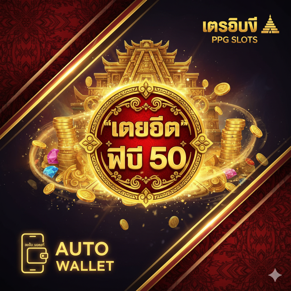 ออกแบบ一张引人注目的泰式风格封面图，主色调为金色、红色和黑色，营造出财富和高端感。核心元素是一个醒目的“เครดิต ฟรี 50” (Free Credit 50) 徽章，搭配PG Soft的老虎机游戏画面背景（例如《Treasures of Aztec》的黄金神庙），左下角放置一个现代感的手机或钱包图标，上面有“Auto Wallet”字样，右上角突出“ppgslots.com”的Logo。整体构图大胆、充满活力，吸引用户点击，强调免费赠送和极速钱包转账的承诺。