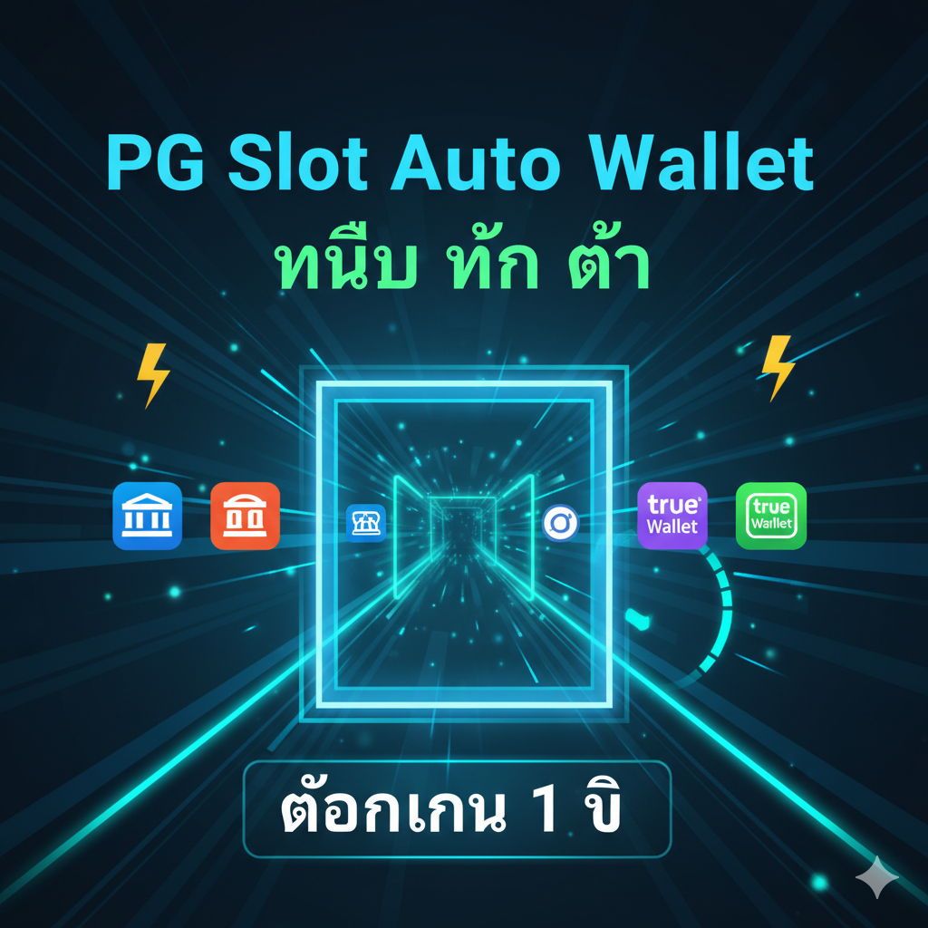 ออกแบบ一张突出“Auto Wallet”功能特性的图片，以科技蓝和绿色为主色调，代表快速和安全。画面中心是一条虚拟的、闪烁着光芒的极速通道，代表“ถอนเงิน 1 วิ” (Withdrawal in 1 sec)。通道两侧分别放置一个银行App图标和一个True Wallet图标，象征全面支持。在通道上方醒目地展示“PG Slot Auto Wallet ไม่มี ขั้น ต่ำ”的泰文字样。风格简洁、科技感强，用速度计或闪电图标进一步强调“快”。
