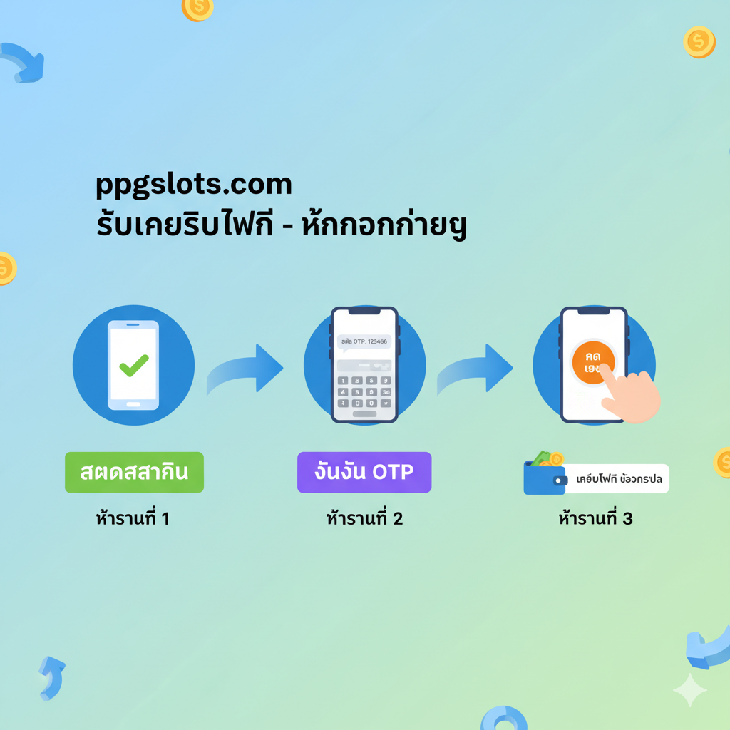 ออกแบบ一张清晰简洁的教程图，指导用户如何“รับเครดิตฟรี” (Get Free Credit)。使用三段式流程图（从左到右或从上到下）。第一步：一个“สมัครสมาชิก” (Sign Up) 按钮和手机图标；第二步：一个带有OTP验证码的手机屏幕，旁边是“ยืนยัน OTP”；第三步：一个手指正在点击屏幕上“กด รับ เอง” (Self-Claim) 按钮的插画，旁边是“เครดิต ฟรี เข้ากระเป๋า” (Credit enters Wallet)。使用清晰的箭头连接步骤，配色鲜明易อ่าน，泰文字体醒目。