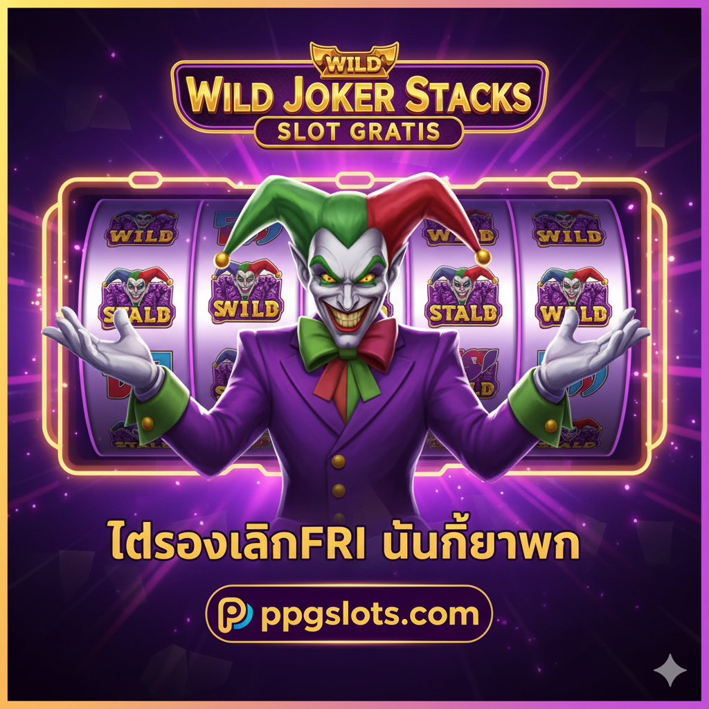 ภาพกราฟิกความละเอียดสูงที่น่าทึ่งสำหรับเกม "Wild Joker Stacks Slot Gratis" โดยมีตัวละครโจ๊กเกอร์ที่เป็นสัญลักษณ์หลักพร้อมรอยยิ้มเจ้าเล่ห์เป็นจุดศูนย์กลาง ล้อมรอบด้วยแสงนีออนสีม่วงและทองอร่ามตา พื้นหลังแสดงวงล้อสล็อตที่มีสัญลักษณ์ Stacked Wilds (โจ๊กเกอร์ซ้อน) จำนวนมากปรากฏอยู่เพื่อสื่อถึงชัยชนะครั้งใหญ่ ตัวอักษรขนาดใหญ่และโดดเด่นว่า "ทดลองเล่นฟรี (Gratis) ไม่ต้องฝาก" พร้อมโลโก้ ppgslots.com ควรปรากฏอย่างชัดเจนในส่วนหน้าเพื่อเน้นย้ำถึงการเล่นฟรี องค์ประกอบภาพรวมควรให้ความรู้สึกตื่นเต้นและมีพลัง.