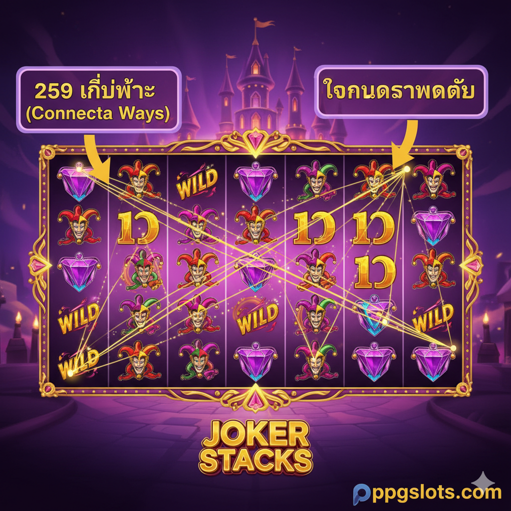 ภาพประกอบคุณสมบัติหลักของเกม "Joker Stacks" โดยเน้นที่ฟีเจอร์ Stacked Wilds และ Connecta Ways ควรเป็นภาพระยะใกล้ของวงล้อสล็อตที่เต็มไปด้วยสัญลักษณ์โจ๊กเกอร์ (Wild) แบบซ้อนกันหลายแถว พร้อมเส้นทางชนะที่เชื่อมต่อกัน ลูกศรหรือคำบรรยายควรชี้ไปที่สัญลักษณ์ Wilds และแสดงข้อความสำคัญ เช่น "259 วิธีชนะ (Connecta Ways)" หรือ "ตัวคูณรางวัลใหญ่" เพื่ออธิบายกลไกการแตกง่ายของเกมอย่างชัดเจน ใช้สีสันสดใสของเกม (แดง ม่วง ทอง) เพื่อดึงดูดสายตาและเน้นย้ำถึงโอกาสในการทำกำไรสูง.