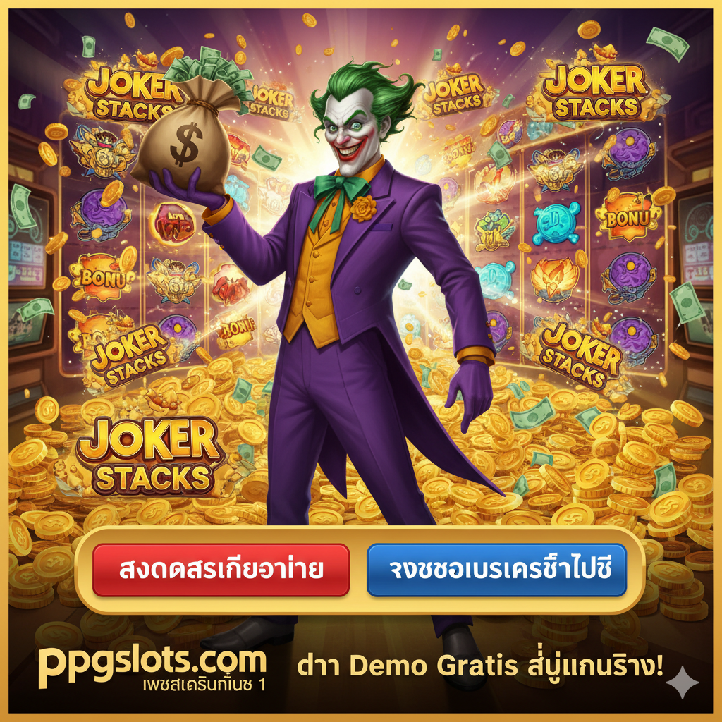 ภาพ Call-to-Action (CTA) ที่มีพลังเพื่อสรุปบทความและกระตุ้นให้ผู้ใช้เปลี่ยนจากการเล่น "Demo Gratis" ไปสู่การเล่นด้วยเงินจริง ควรมีตัวละครโจ๊กเกอร์ปรากฏตัวด้วยท่าทางมั่นใจหรือถือรางวัลเงินสดจำนวนมาก ภาพต้องมีปุ่มหรือแบนเนอร์ที่โดดเด่นขนาดใหญ่ที่มีข้อความว่า "สมัครสมาชิกวันนี้" และ "รับโบนัสเครดิตฟรี" พร้อมแสดงโลโก้ ppgslots.com อย่างชัดเจนเพื่อสร้างความน่าเชื่อถือ พื้นหลังควรเป็นฉากชัยชนะของเกมสล็อตที่สว่างไสว สื่อถึงโอกาสในการทำกำไรจริงและการเปลี่ยนไปสู่การลงทุนจริง.