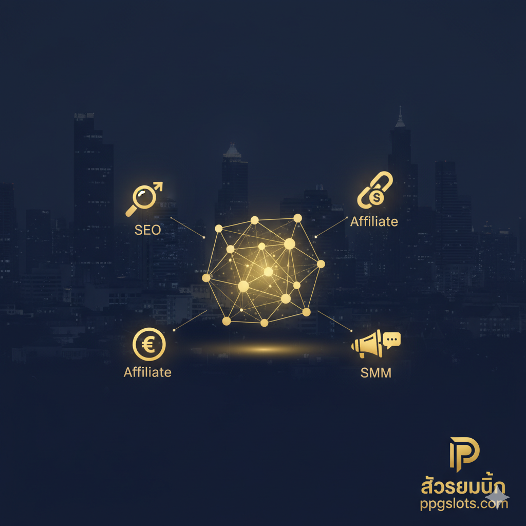 封面图片،展示“Slot Ads”ใน泰国的战略意义。构图应专业且具冲击力,以泰国曼谷天际线剪影为背景,色调采用深蓝和金色,营造高端感。前景中央是一个发光的“Slot Ads”抽象图标(非赌博图标,而是像营销网络图),周围环绕着SEO、Affiliate、SMM等小图标,象征着“替代营销”。ppgslots.com的Logo应巧妙地放在右下角,整体传达在严格监管下(背景的严肃感)的智能营销战略(前景的发光图标)。