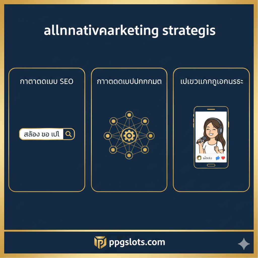 功能图片，以信息图（infographic）风格展示文章第2节提到的“替代营销策略”。图片分为三个清晰板块：左侧是“SEO”，显示一个搜索框和泰语关键词“สล็อต วอ เลท”；中间是“Affiliate Marketing”，显示一个网络连接图；右侧是“Micro-Influencers”，显示一部手机，屏幕上是泰国风格的Streamer（直播主）。每个板块都有清晰的图标和简洁的泰语标题，风格简洁明了，使用ppgslots.com的品牌色系（如深蓝、白、金）。