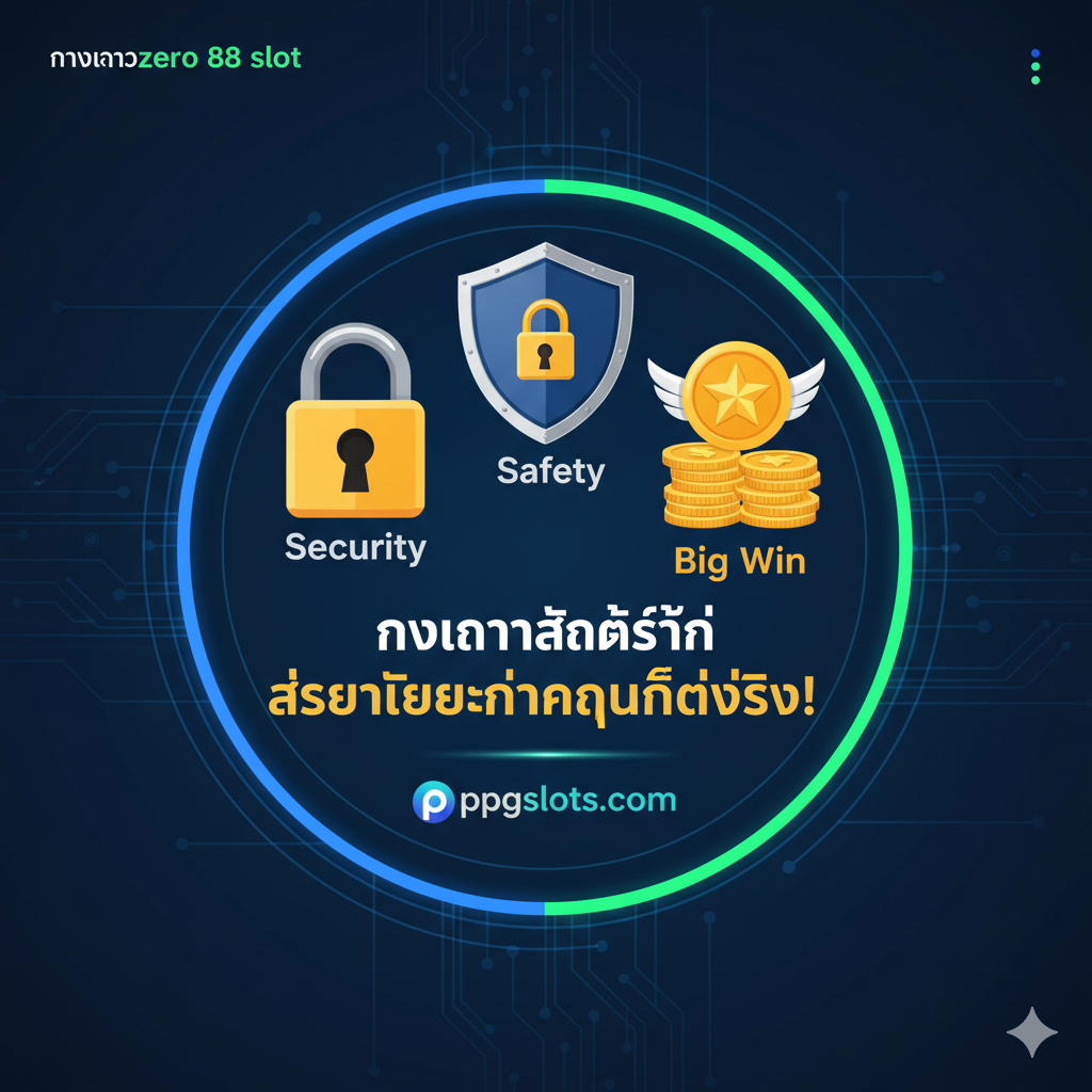 ภาพสรุปที่ให้ความรู้สึกมั่นใจและเชื่อถือได้ เน้นความปลอดภัยและการทำกำไรได้จริง โทนสีน้ำเงินเข้มและสีเขียวสดใส แสดงถึงความปลอดภัยและความมั่งคั่ง องค์ประกอบควรมีกุญแจล็อคขนาดใหญ่ (Security), โล่ป้องกัน (Safety), และเหรียญทองหรือสัญลักษณ์ของรางวัลใหญ่ (Big Win) ที่รวมอยู่ในวงกลมเดียวกัน มีข้อความหลักเน้นย้ำว่า 'ทางเข้าสล็อตที่ปลอดภัยและทำกำไรได้จริง!' และโลโก้ ppgslots.com เป็นศูนย์กลาง