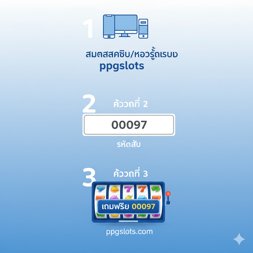 ภาพขั้นตอนการใช้งานและเข้าสู่ระบบ 00097 slot ที่ ppgslots.com ออกแบบเป็นอินโฟกราฟิกแบบมินิมอล 3-4 ขั้นตอน โทนสีฟ้า-ขาวสะอาดตา: ขั้นตอนที่ 1 (มือถือ/คอมพิวเตอร์): สมัครสมาชิก/เข้าสู่ระบบ ppgslots ขั้นตอนที่ 2 (ช่องว่างสำหรับกรอก): แสดงกล่องข้อความที่มีตัวเลข '00097' ถูกป้อนเข้าไปพร้อมข้อความ 'รหัสลับ' ขั้นตอนที่ 3 (หน้าเกมสล็อต): แสดงหน้าจอเกมสล็อตที่กำลังหมุนและมีคำว่า 'Exclusive Game' หรือ 'เกมพิเศษ 00097' ปรากฏอยู่