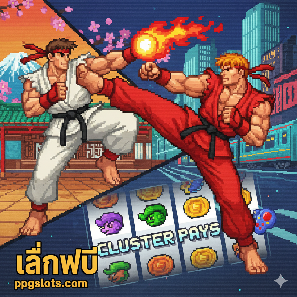一张引人注目の封面图，主题是《Street Fighter 2: The World Warrior Slot Free Play》。图片中央是Ryu和Ken正在对决的经典格斗姿势，背景融合了街机游戏中的经典场景（如日本或纽约街道）。下方或角落有游戏老虎机卷轴的半透明叠加，上面有角色符号和“CLUSTER PAYS”字样。使用高对比度和鲜艳的90年代街机像素艺术风格，颜色以红、蓝、黄为主，营造出力量感和怀旧氛围。显著位置有'FREE PLAY'和'ppgslots.com'的泰语或醒目Logo。