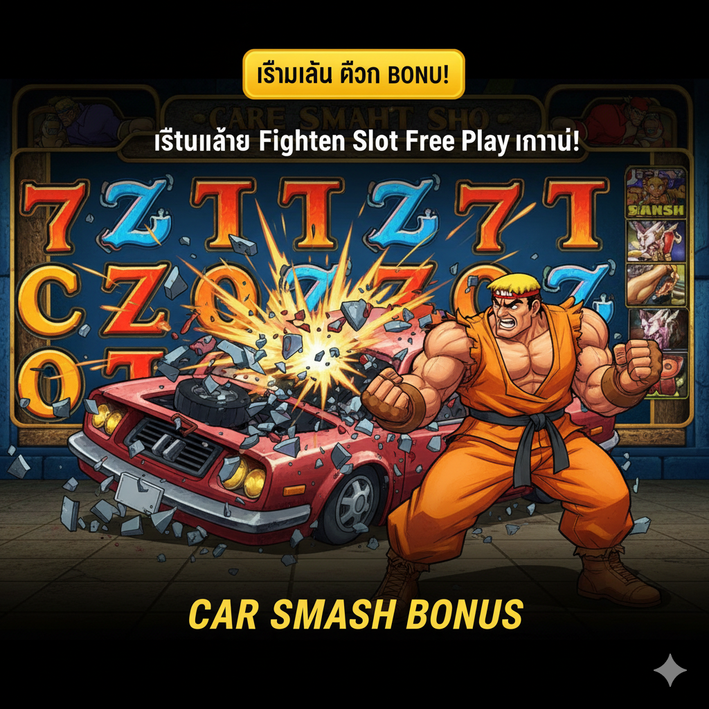 用于文章总结和行动号召的图片，重点放在Car Smash Bonus。画面展示E. Honda在Car Smash模式中破坏汽车的经典场景（汽车碎裂，碎片飞溅）。在上方或角落放置一个CTA（Call to Action）按钮的模拟图，上面写着泰语的'เริ่มเล่น Street Fighter Slot Free Play ทันที!' (Start Playing Street Fighter Slot Free Play Now!)。图片应充满动感和娱乐性，采用游戏内的卡通化暴力风格，以有趣的方式促使读者点击开始免费试玩。
