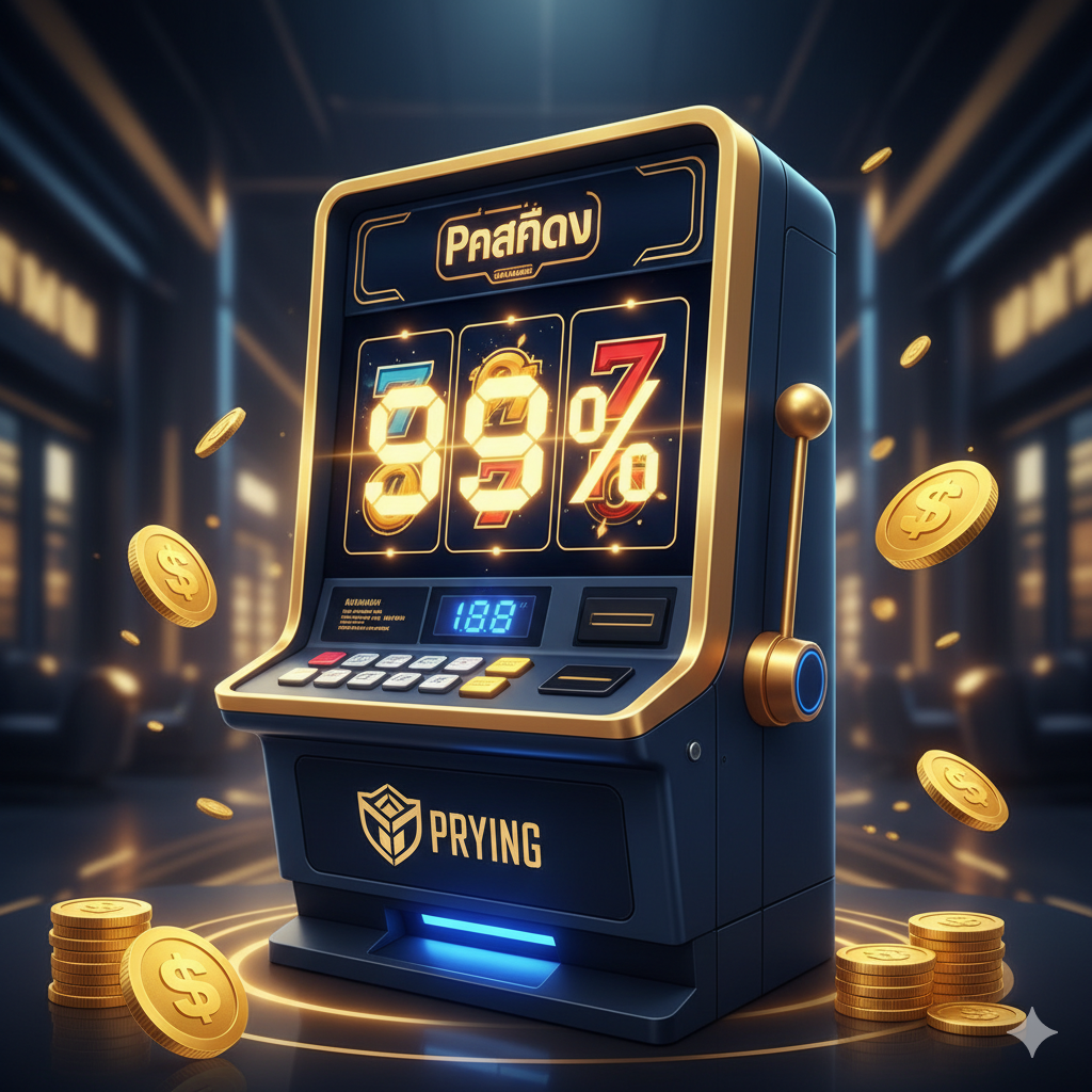 一张充满活力และ高级感的封面图片，专为泰国用户设计。构图中心是一个现代化的数字老虎机界面，风格精致可靠，主色调为金色和深蓝色。机器上有一个突出、发光的数字显示屏或霓虹灯标志，清晰显示“最高RTP 99%”。金币艺术性地散落在周围，暗示着胜利和高回报。整体风格专业且诱人，与ppgslots.com的品牌调性一致，清晰地将“最佳赔率”与“高RTP”联系起来。