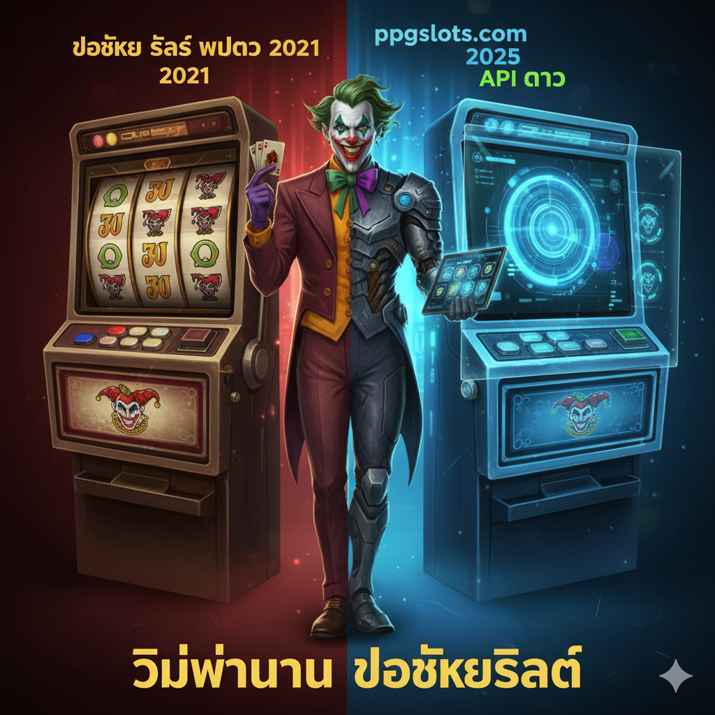 封面图片采用左右对比构图，极具视觉冲击力。左侧色调稍暗，展示“2021”年的复古风格，代表旧标准；右侧明亮且充满科技感，展示“2025”年的现代界面，代表ppgslots.com。Joker小丑角色位于中间，从左侧的经典形态过渡到右侧的现代形态，象征着从“2021标准”到“2025 API直连”的演变。图片包含泰语关键词“joker slot เว็บตรง 2021”和“ppgslots.com 2025”。