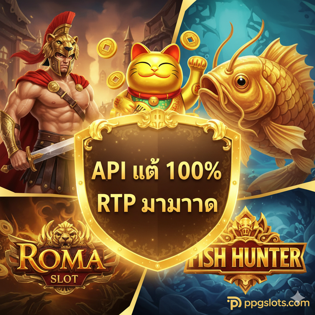 总结性的号召性用语(CTA)图片。图片中央是ppgslots.com的徽标，背景是奢华的金色和深色渐变，营造出高端、可信赖的感觉。图片下方是一个非常显眼、吸引点击的亮橙色按钮，上面用加粗的泰语写着“สมัครสมาชิก Joker Slot เว็บตรง” (注册Joker Slot直连网站)，旨在促使用户立即采取行动。