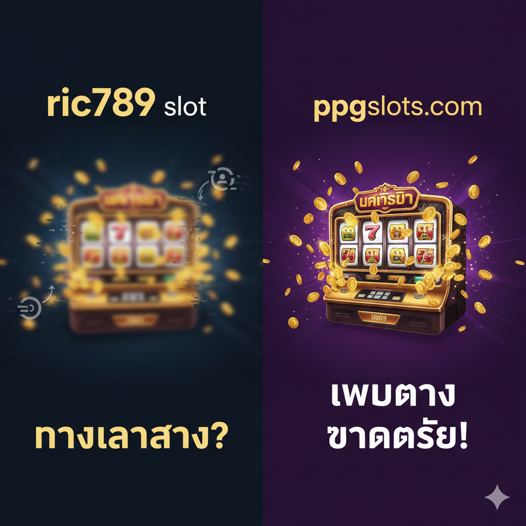 一张对比強烈的封面图，采用分屏设计。左侧代表 'ric789 slot'，画面模糊、带有故障特效（如像素化或连接中断图标），色调暗淡，并显示泰语 'ทางเข้ายาก?' (入口难找？)。右侧代表 'ppgslots.com'，画面清晰、充满活力，展示一个正在爆出大量金币的华丽老虎机界面，带有 'เว็บตรง แตกง่าย!' (直营网站，容易赢) 的泰语字样。整体风格是现代、動感的，以金色และ紫色为主，突出 ppgslots.com 的优越性。